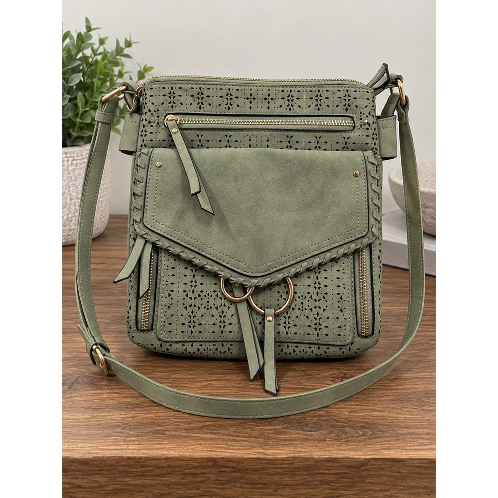 Sage Green Laser Cut Faux Leather Crossbody Bag Boho Whipstitch Gold Hardware